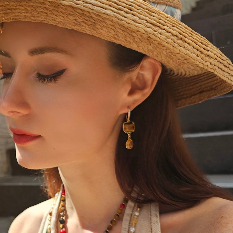 Thumbnail of Tiger Eye With Citrine Dangle Comfort Earrings image