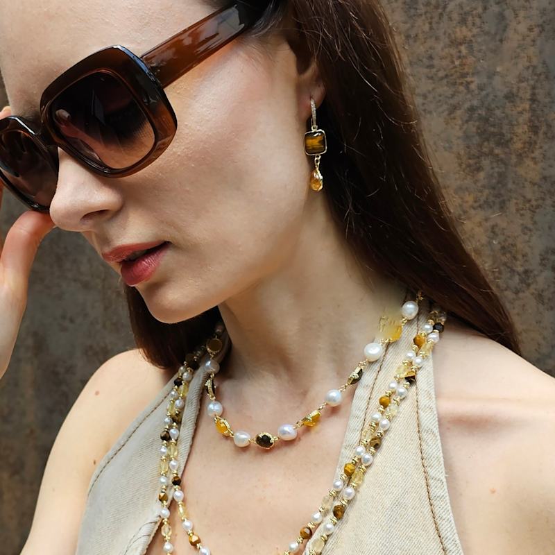 Thumbnail of Tiger Eye With Citrine Dangle Comfort Earrings image