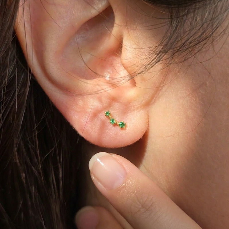 Thumbnail of Tiny Emerald May Birthstone Climber Stud Earrings image