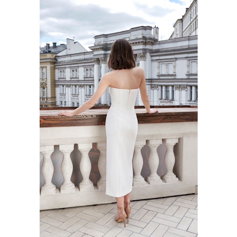 Mora White Strapless Front Slit Corset Midi Dress | Nomi