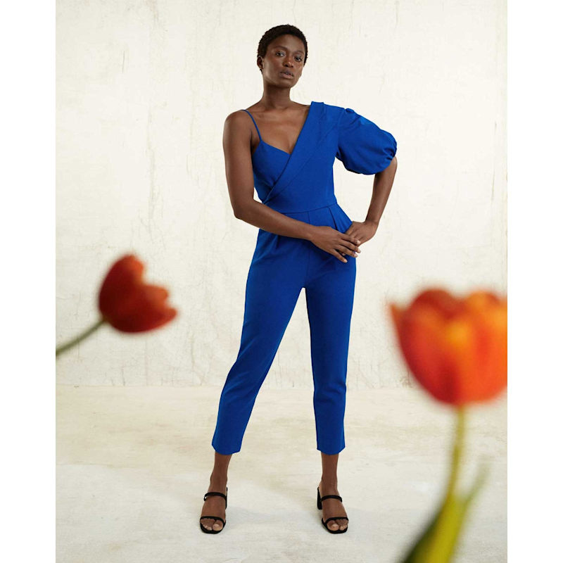 Thumbnail of Peak Lapel Puff Sleeve Crepe Jumpsuit - Royal Blue image