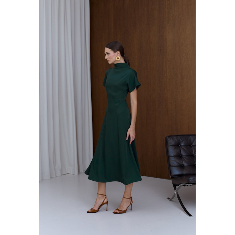 green structured dress Dark Green Off-the-Shoulder Satin Pleated Long Prom Dress with Slit main image 1