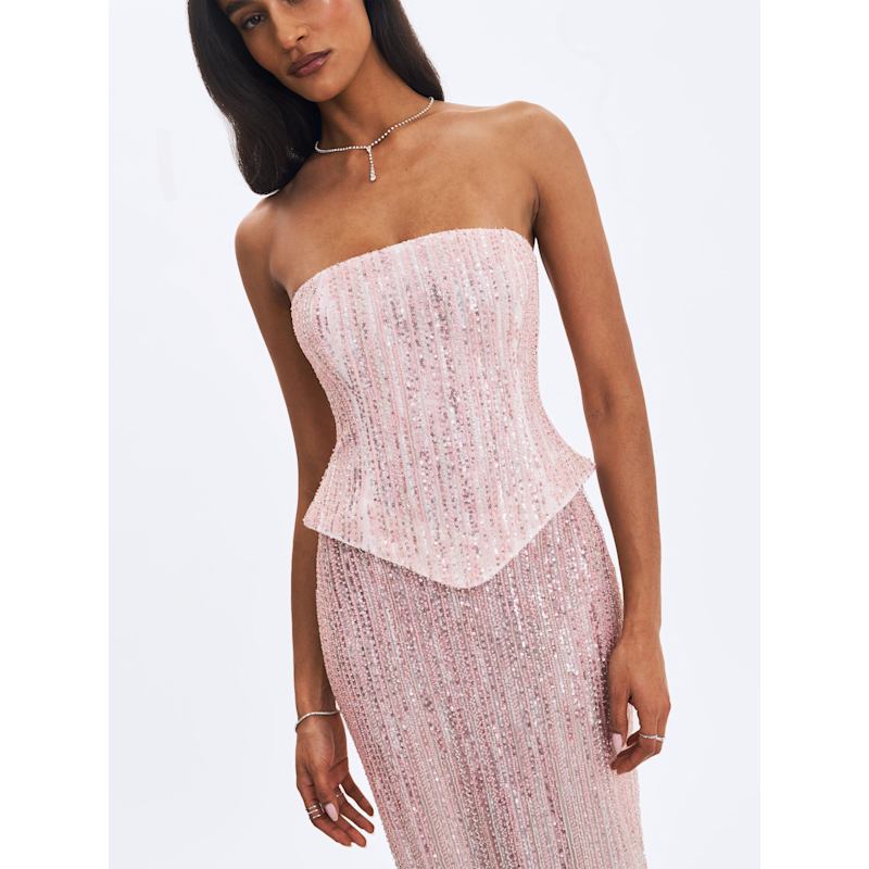 blush beaded maxi dress Blush Pink Beaded Long Prom Dress with Slit