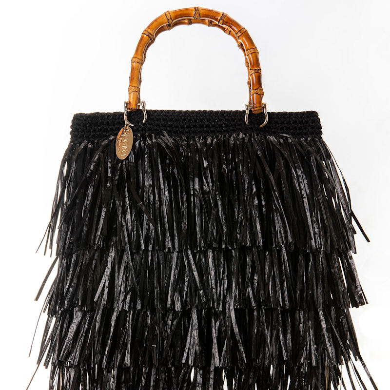 Thumbnail of Tote Bag Raffia Fringes With Bamboo Handles Black image