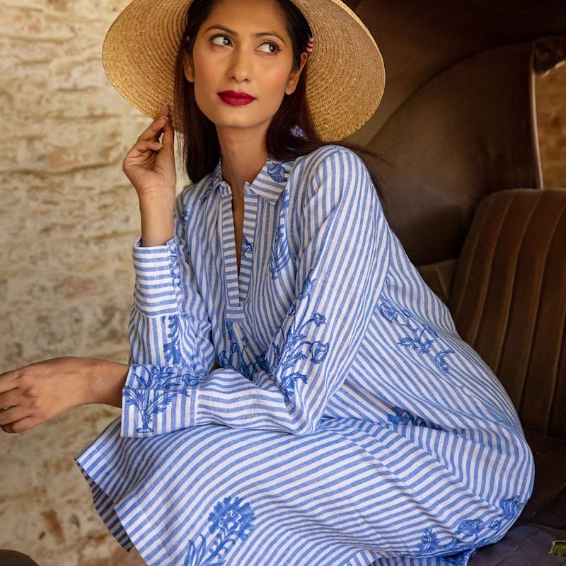 Tourist Hand Printed Stripe Linen Tunic Dress - Blue And White by  NoLoGo-chic