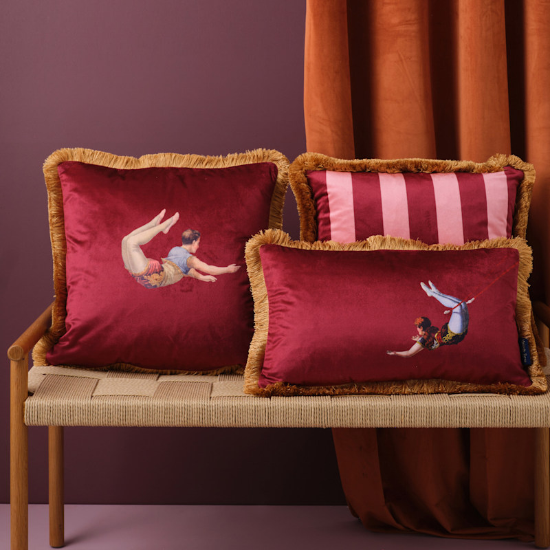 Thumbnail of Trapeze Boy & Stripes Rectangle Velvet Cushion Deep Berry Red image