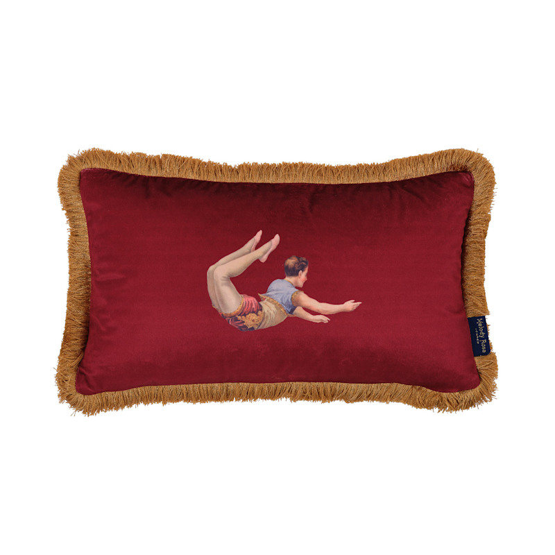 Thumbnail of Trapeze Boy & Stripes Rectangle Velvet Cushion Deep Berry Red image