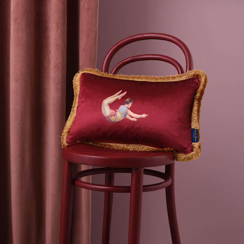 Thumbnail of Trapeze Boy & Stripes Rectangle Velvet Cushion Deep Berry Red image