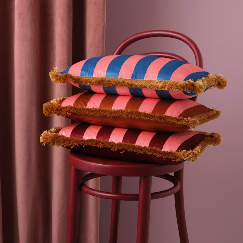 Thumbnail of Trapeze Boy & Stripes Rectangle Velvet Cushion Deep Berry Red image