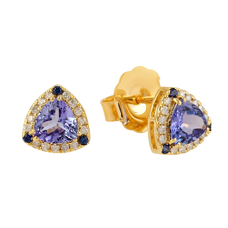 Thumbnail of Trillion Tanzanite, Sapphire & Diamond Halo Stud Earrings in 14K Yellow Gold image