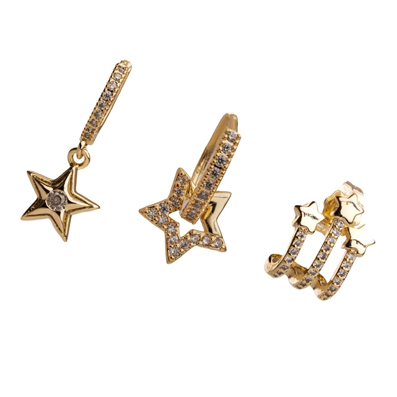 Thumbnail of Trio Gold & Diamond Sparkly Star Earrings - Gold image