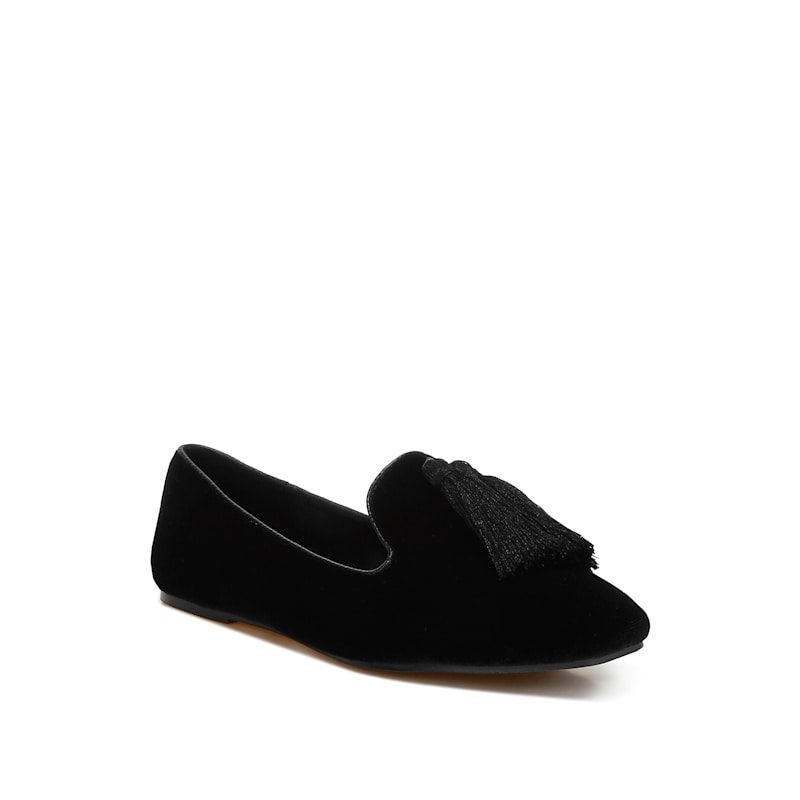 Thumbnail of Tromso Iconic Tassel Detail Velvet Loafers In Black By Rag & Co image