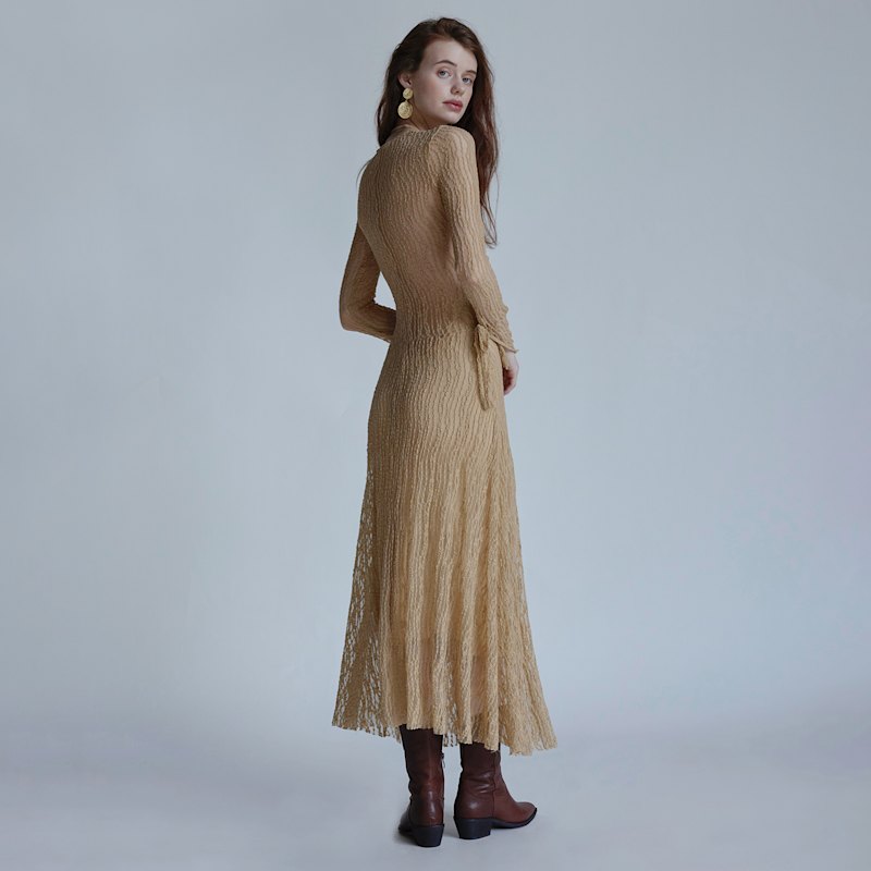 Thumbnail of Trumpet Dress Flared Sleeve Sheer Lace Knit Dress In Beige image