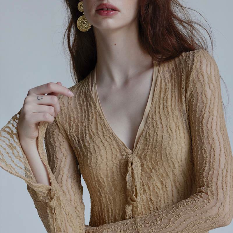 Thumbnail of Trumpet Dress Flared Sleeve Sheer Lace Knit Dress In Beige image