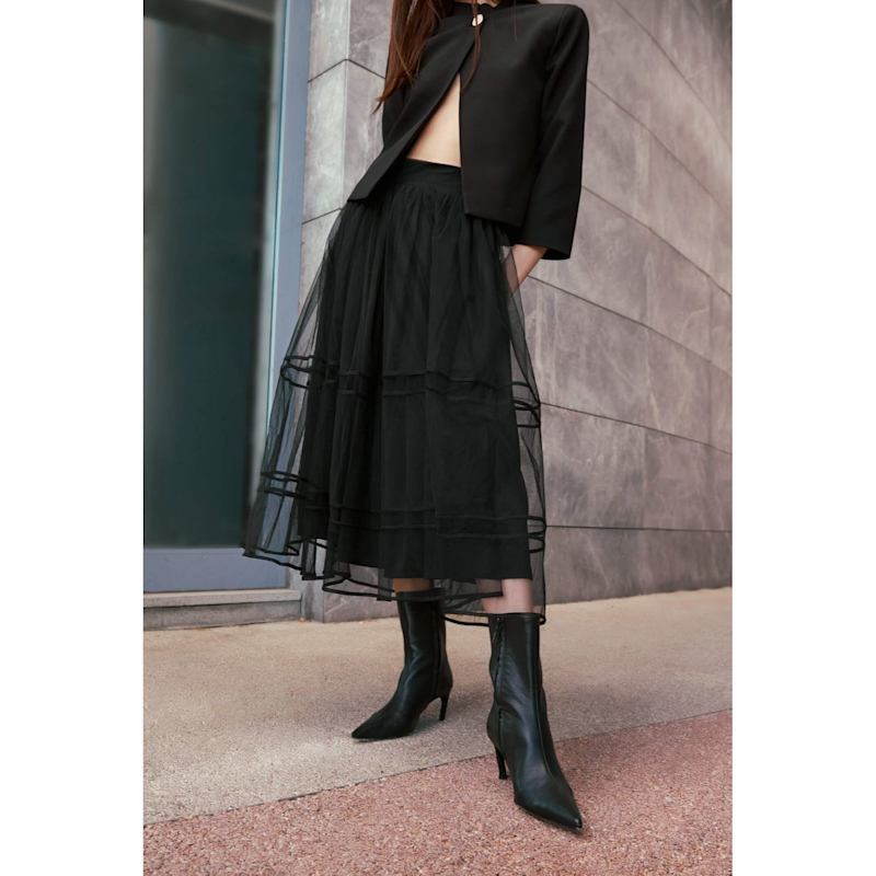 Thumbnail of Tulle Detailed Double Layer Midi Skirt - Black image