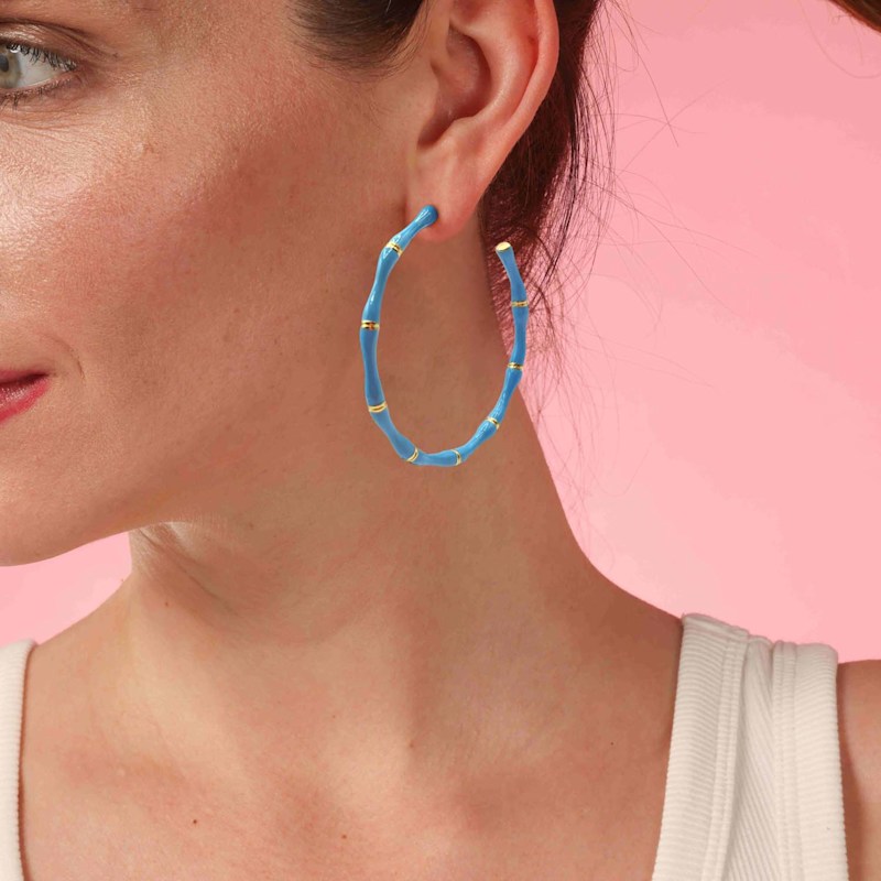 Thumbnail of Sloan Turquoise Enamel And Gold Bamboo Hoop Earrings image
