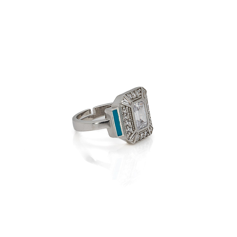 Thumbnail of Sterling Silver Pave Diamond & Turquoise Enamel Ring - Silver image