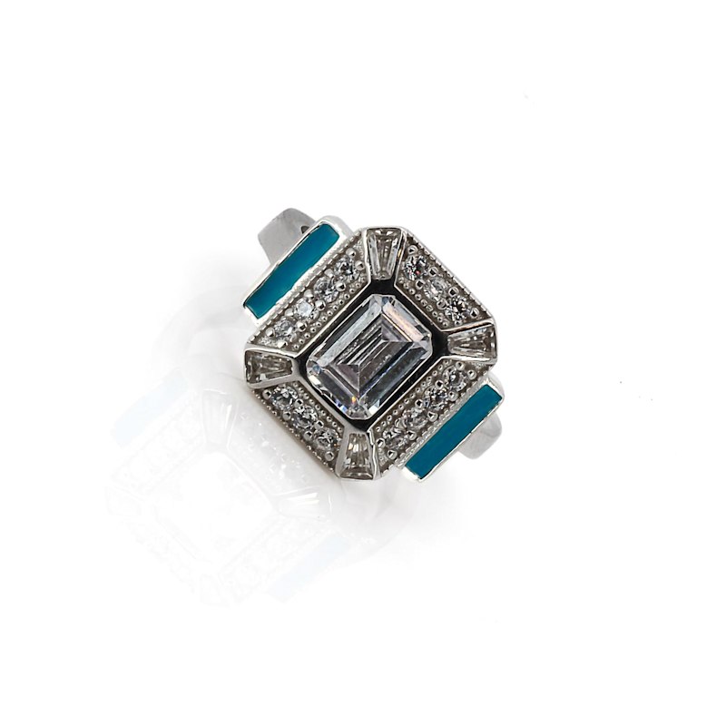 Thumbnail of Sterling Silver Pave Diamond & Turquoise Enamel Ring - Silver image