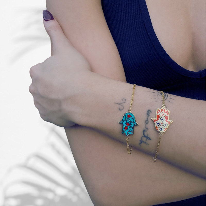 Thumbnail of Turquoise Enamel Floral Hamsa Hand Gold Vermeil Chain Bracelet - Turquoise image