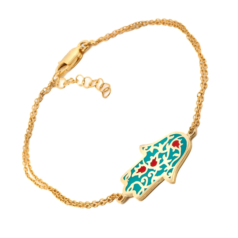 Thumbnail of Turquoise Enamel Floral Hamsa Hand Gold Vermeil Chain Bracelet - Turquoise image