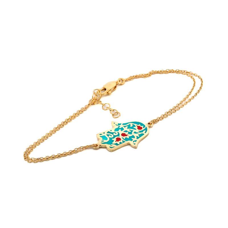 Thumbnail of Turquoise Enamel Floral Hamsa Hand Gold Vermeil Chain Bracelet - Turquoise image