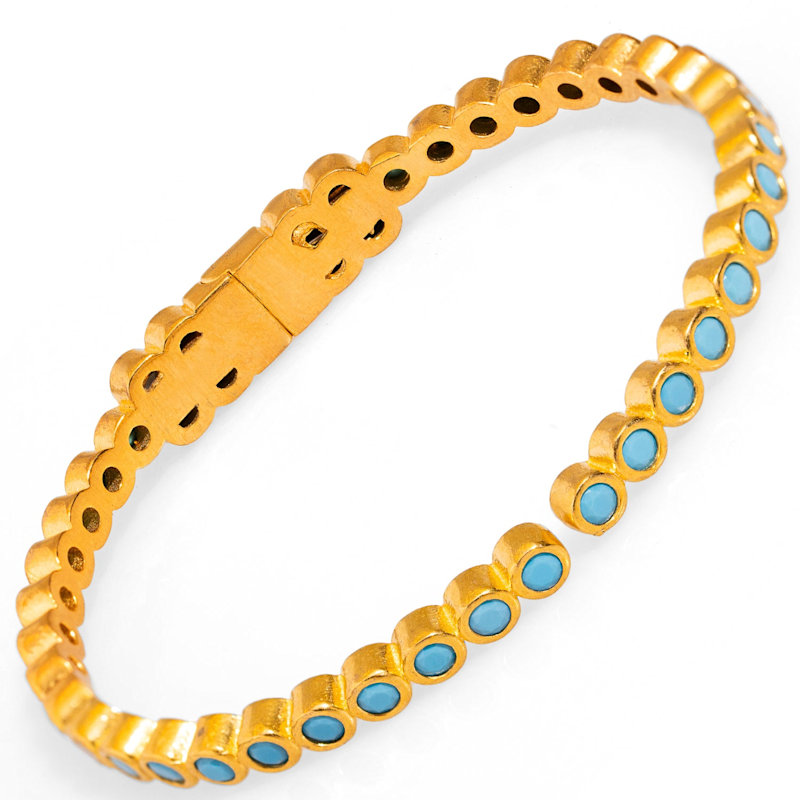 Thumbnail of Turquoise Gemstone & Gold Dainty Bangle Bracelet - Blue image