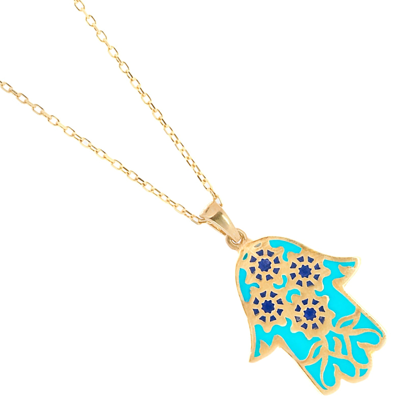 Thumbnail of Floral Hamsa Hand Pendant Turquoise & Gold Necklace - Turquoise image