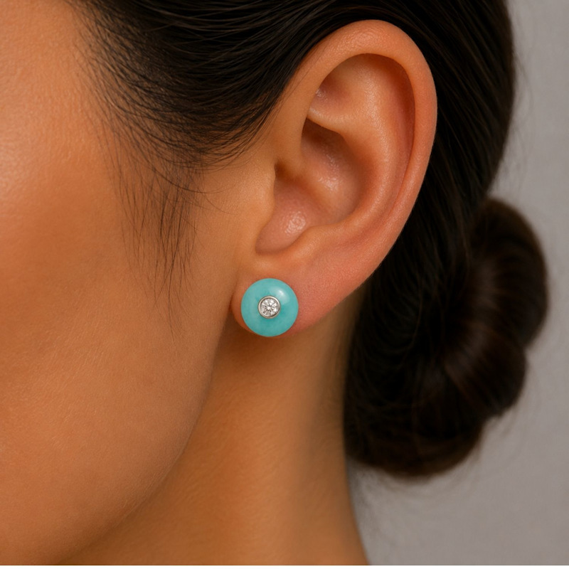 Thumbnail of Turquoise Jade And Diamond Stud Earrings image
