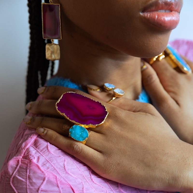 Thumbnail of Turquoise Sky Blue Crystal Crush Gold Plated Semi Precious Ring image