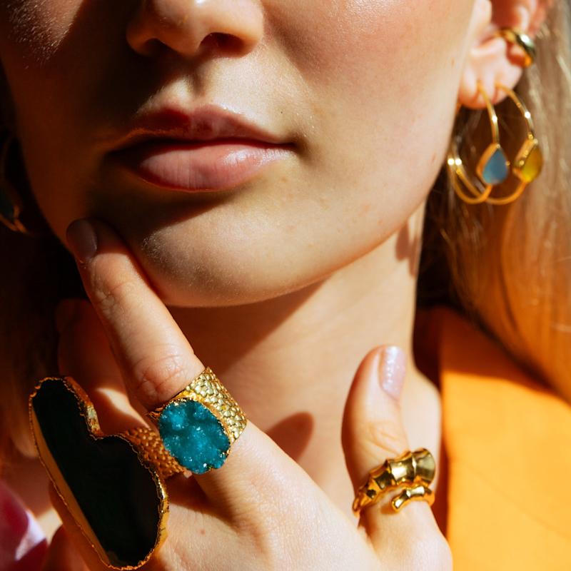 Thumbnail of Turquoise Sky Blue Crystal Crush Gold Plated Semi Precious Ring image