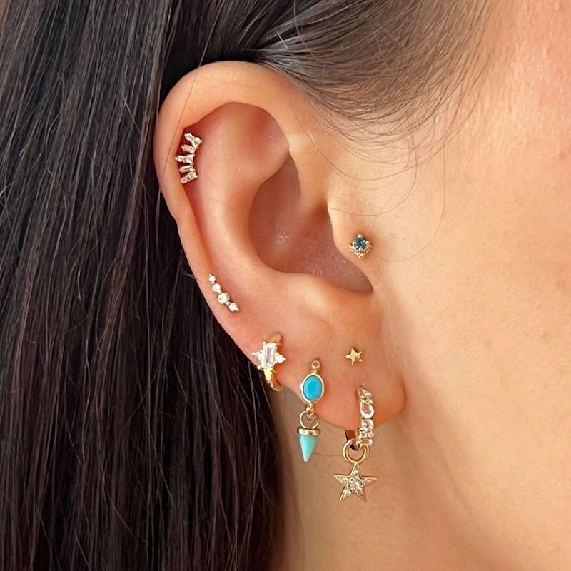 Thumbnail of Turquoise & White Sapphire Huggie Hoop Earring Pair 9K Gold image