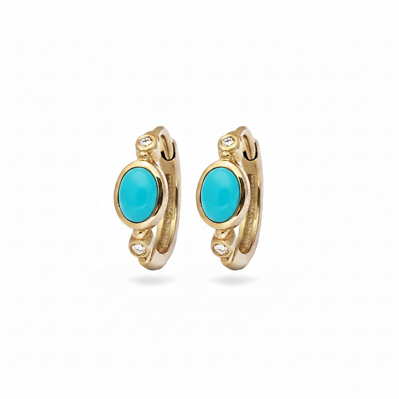 Thumbnail of Turquoise & White Sapphire Huggie Hoop Earring Pair 9K Gold image