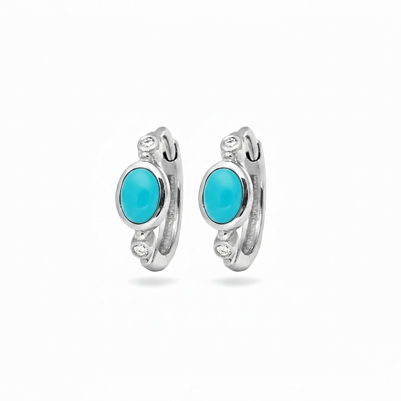 Thumbnail of Turquoise & White Sapphire Huggie Hoop Earring Pair Sterling Silver image