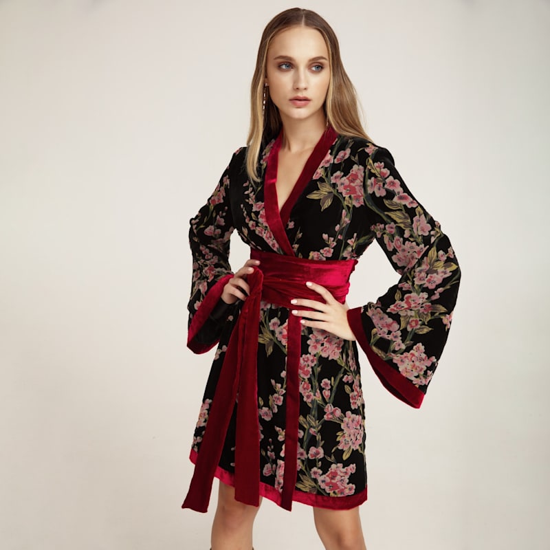 Thumbnail of Kimono Floral Print Dress In Velvet Silk image