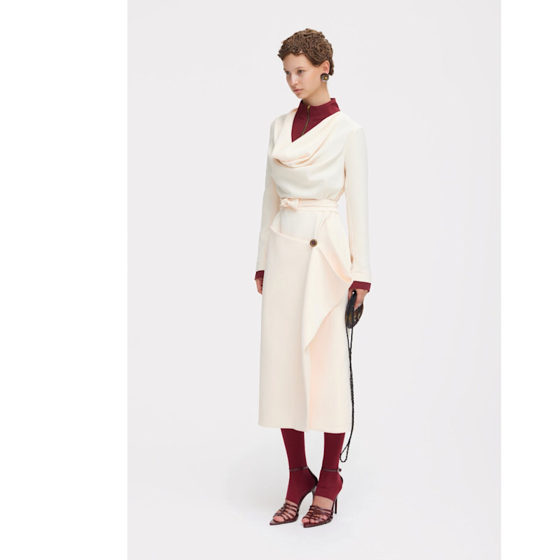 Two-Tone Asymmetric Draped High-Neck Midi Dress – Ivory | Julia Allert