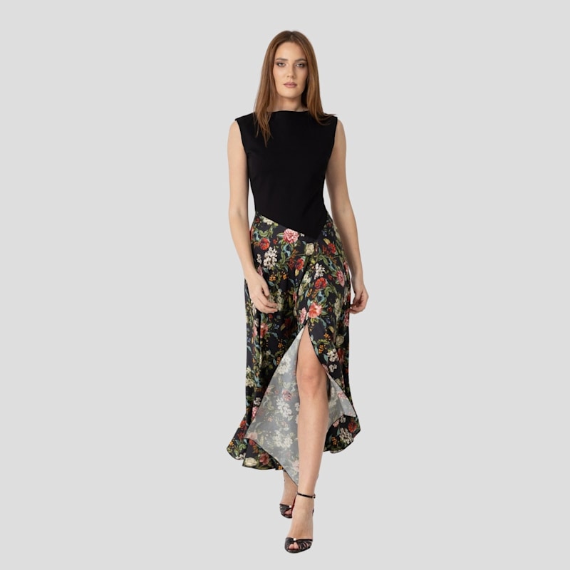 Thumbnail of Two-Tone Black Jersey Top Floral Midi Dress image