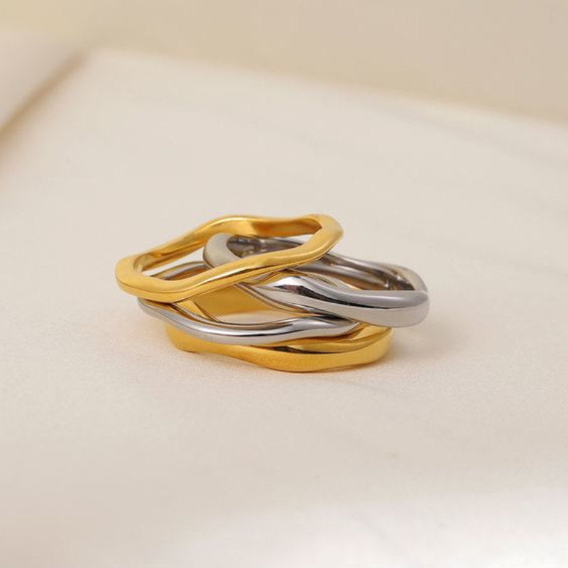 Thumbnail of Two Tone Double Stacked Wave Rings - Thick Gold image