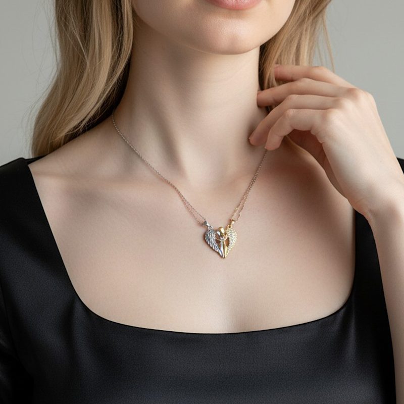 Thumbnail of Two-Tone Magnetic Angel Heart Couple Pendant Necklace image