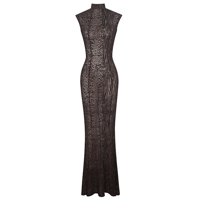Thumbnail of Tyanna Mocha Burnout Velvet Mesh Backless Mermaid Maxi Dress image