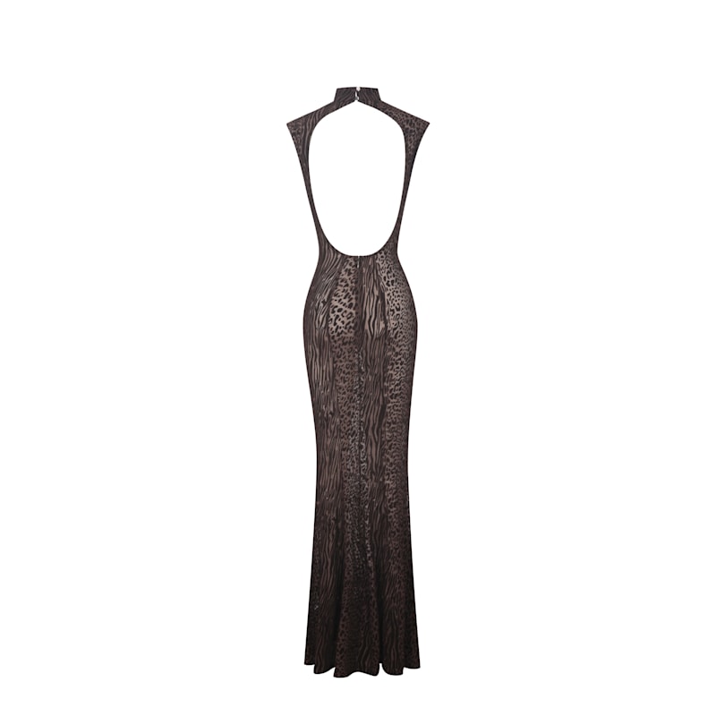 Thumbnail of Tyanna Mocha Burnout Velvet Mesh Backless Mermaid Maxi Dress image