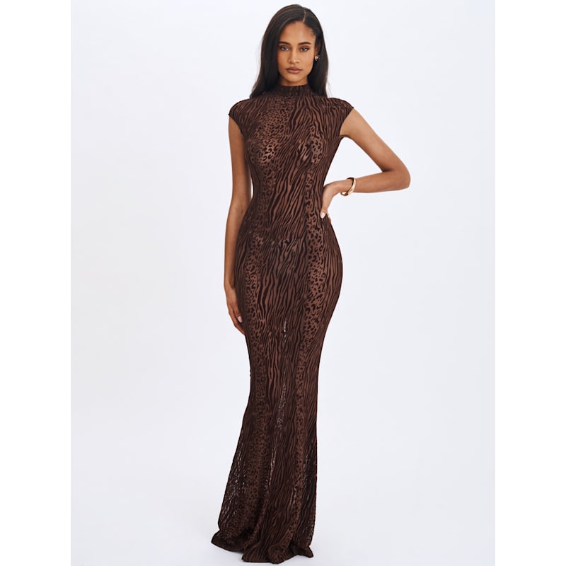 Thumbnail of Tyanna Mocha Burnout Velvet Mesh Backless Mermaid Maxi Dress image