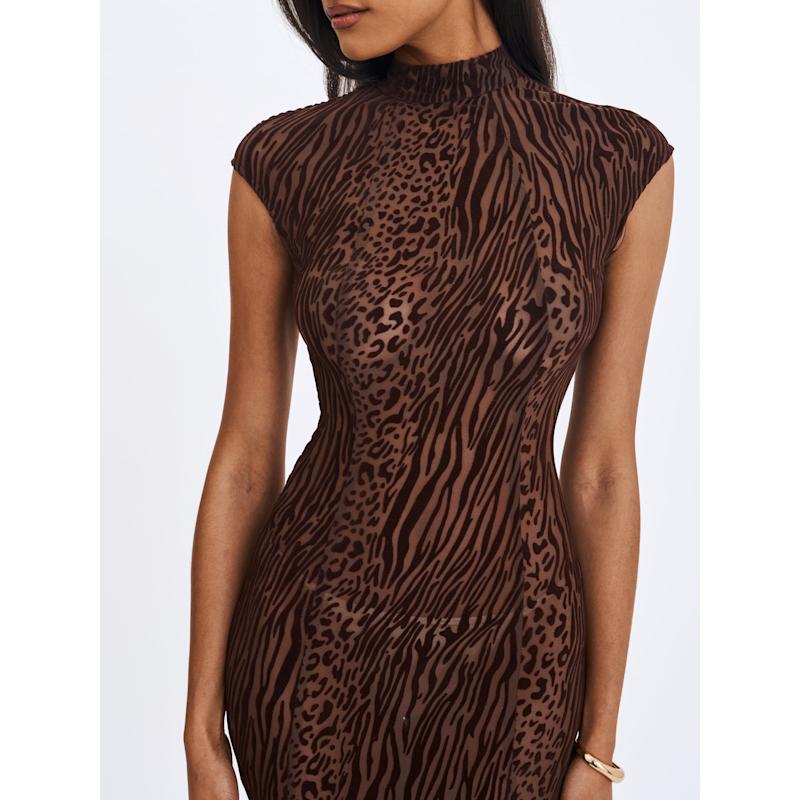Thumbnail of Tyanna Mocha Burnout Velvet Mesh Backless Mermaid Maxi Dress image