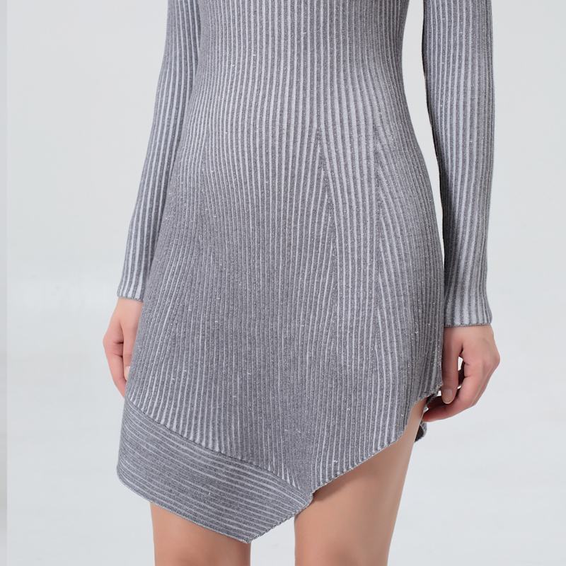 knee length dresses for ladies Sherine Ribbed Modal Square Neck Long Sleeve Mini Dress in Grey main image 1