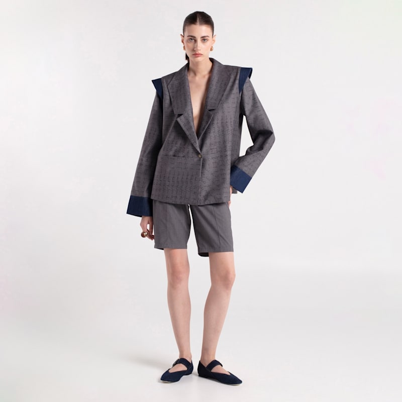 Thumbnail of Ub - Asymmetric Collar Denim Detailed Oversize Gray Jacket image