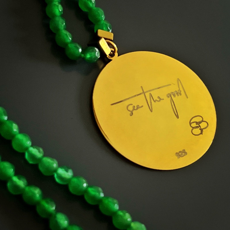 Thumbnail of Green Jade Stone Spiritual Soul Gold Medallion Pendant Necklace - Green image