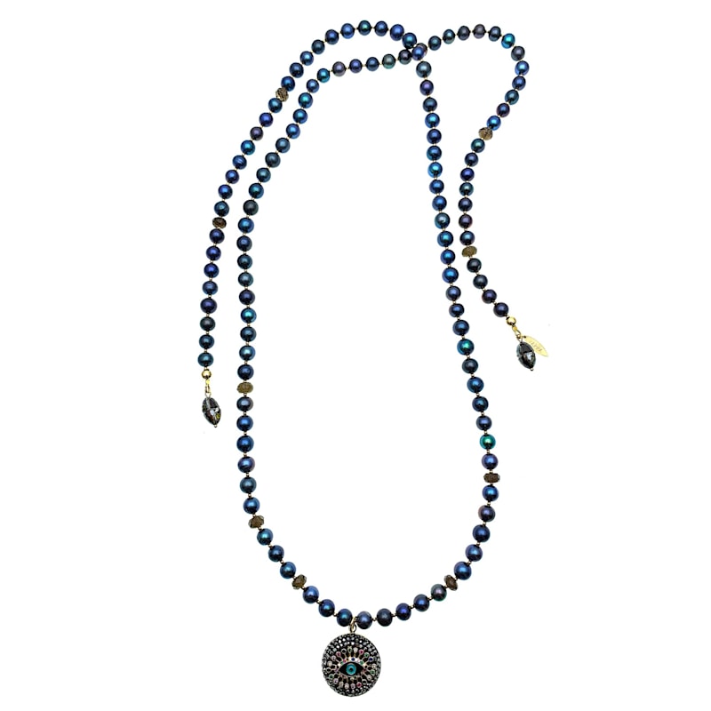 Thumbnail of Black Pearls With Evil Eye Dangle Open Ended Necklace image