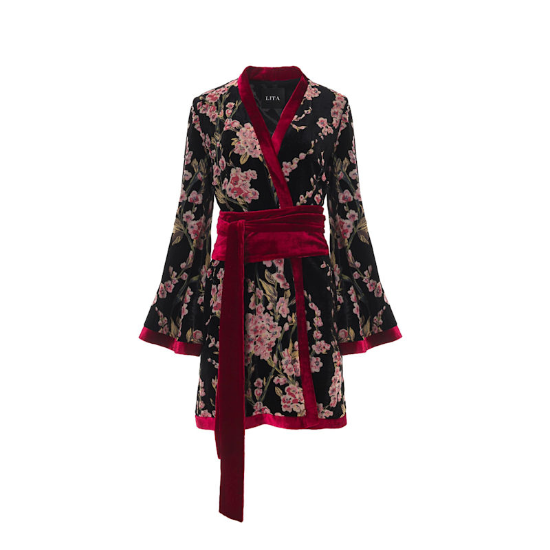 Thumbnail of Kimono Floral Print Dress In Velvet Silk image