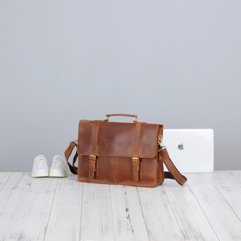 Thumbnail of Worn Look Genuine Leather Briefcase - Brown image
