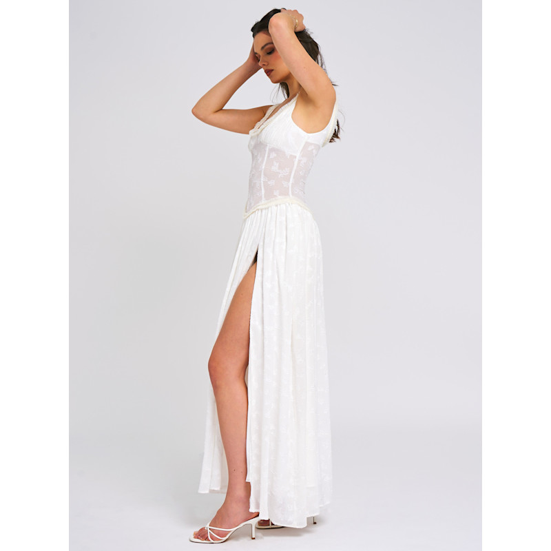 Thumbnail of Ulissa White Square Neck Jacquard Textured High Slit Maxi Dress image