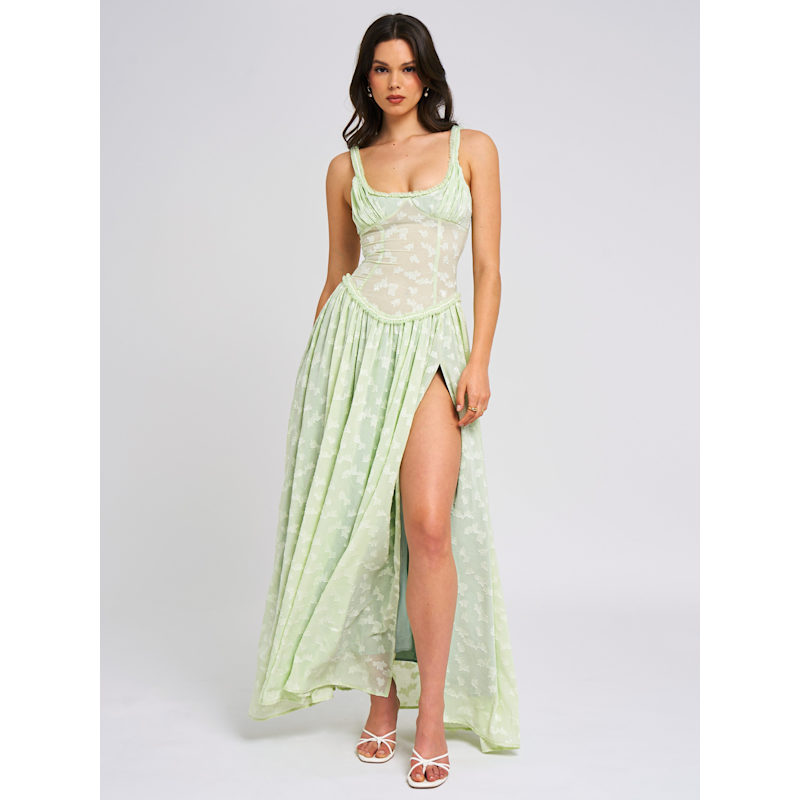 Ulissa Light Green Square Neck Jacquard Textured High Slit